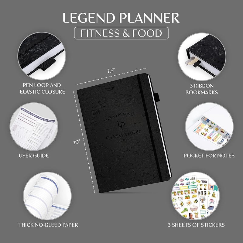 Legend Planner Legend Fitness & Food Journal – Nutrition & Workout Planner with Exercise Calendar & Nutrient Tracker – Gym Training & Diet Log Book for Women & Men – Lasts Lasts 3 Months Months, 7.5”x10” (Black) - Image 2